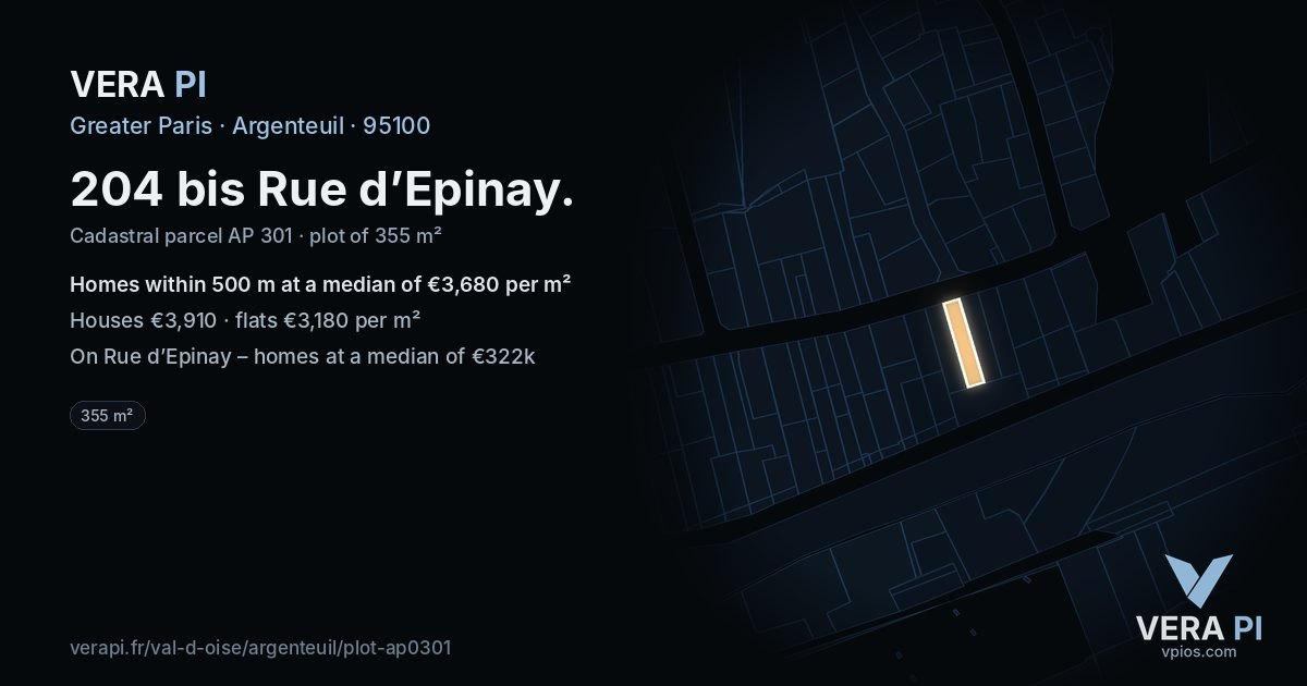 204 bis Rue d’Epinay, Argenteuil at night – the plot lit, the parcels around coloured by the prices near them