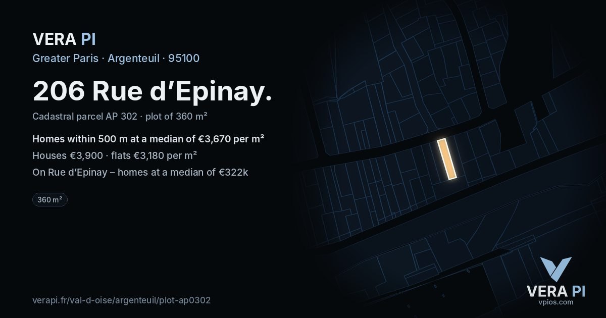 206 Rue d’Epinay, Argenteuil at night – the plot lit, the parcels around coloured by the prices near them