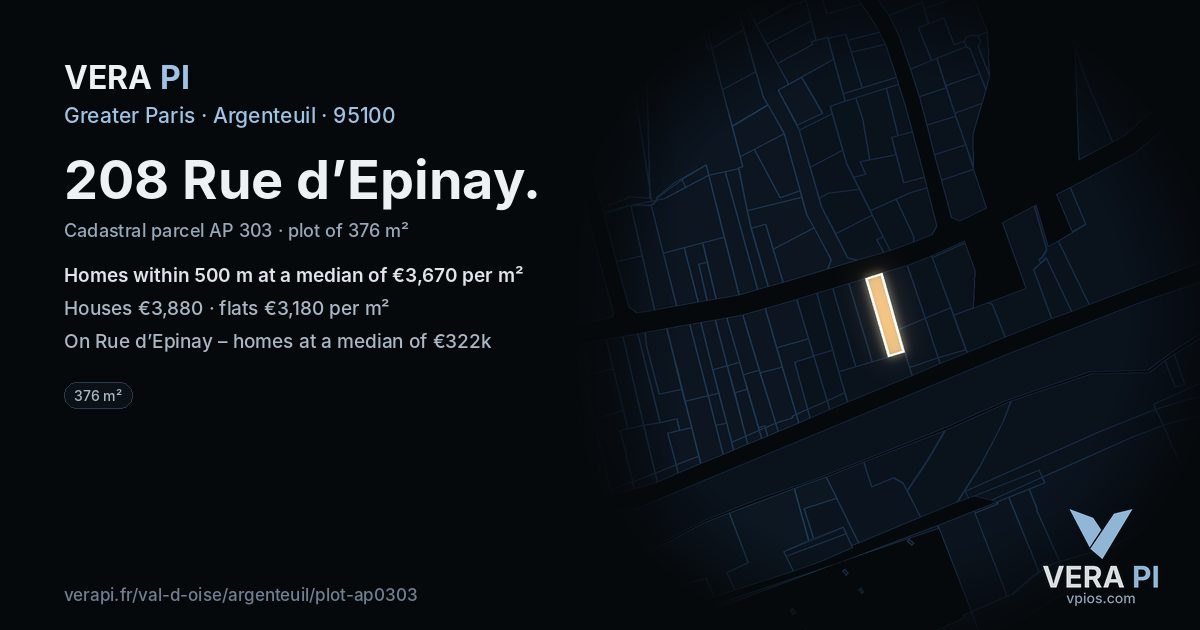 208 Rue d’Epinay, Argenteuil at night – the plot lit, the parcels around coloured by the prices near them