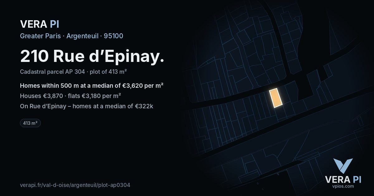 210 Rue d’Epinay, Argenteuil at night – the plot lit, the parcels around coloured by the prices near them