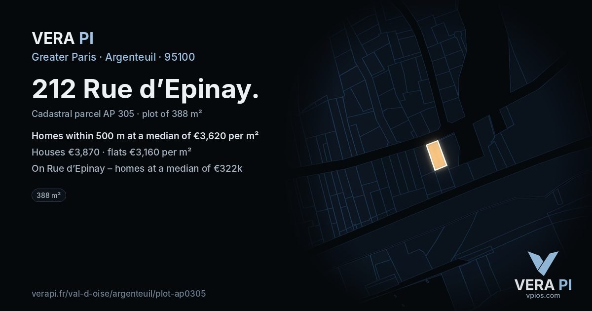 212 Rue d’Epinay, Argenteuil at night – the plot lit, the parcels around coloured by the prices near them