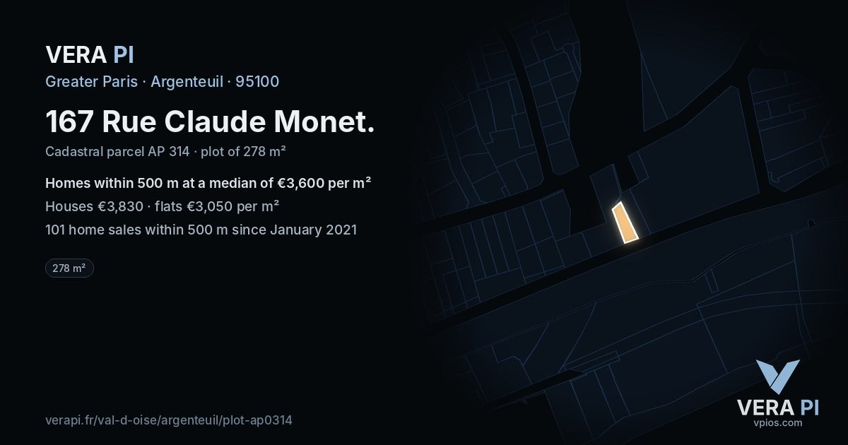 167 Rue Claude Monet, Argenteuil at night – the plot lit, the parcels around coloured by the prices near them