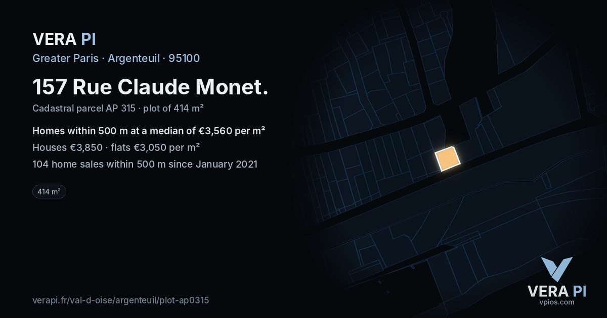 157 Rue Claude Monet, Argenteuil at night – the plot lit, the parcels around coloured by the prices near them