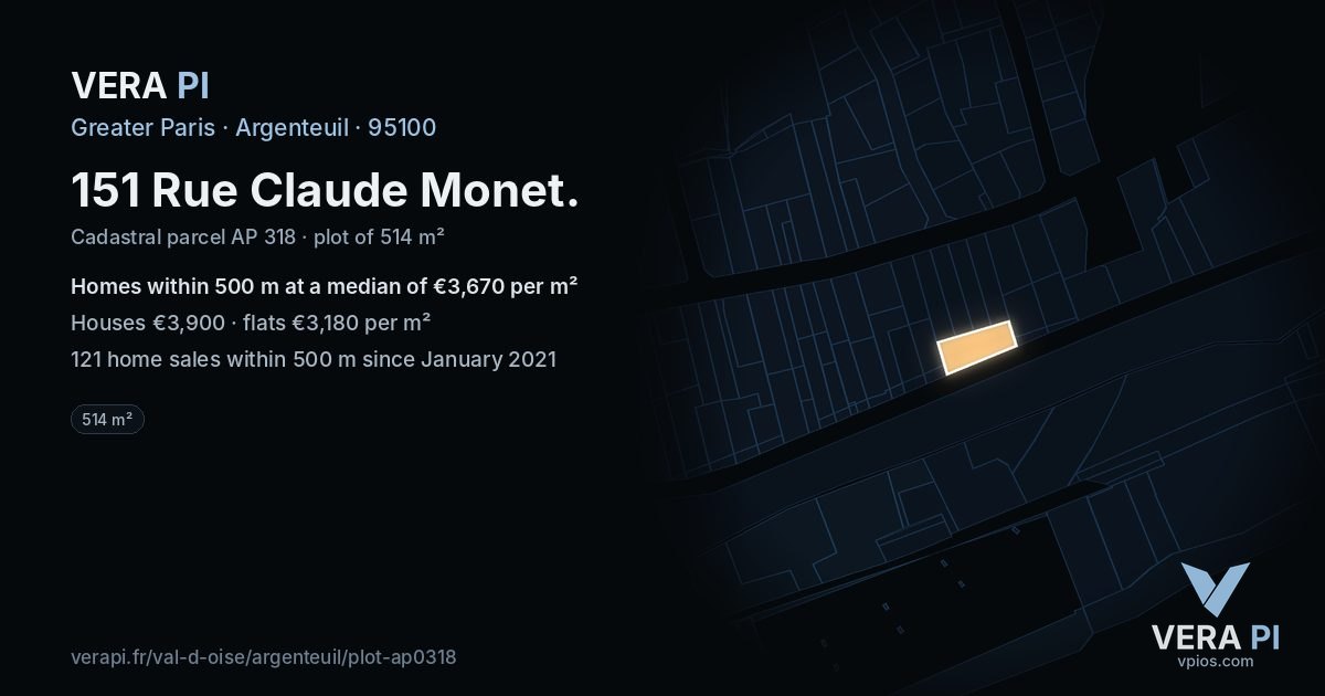 151 Rue Claude Monet, Argenteuil at night – the plot lit, the parcels around coloured by the prices near them