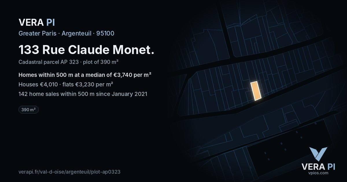 133 Rue Claude Monet, Argenteuil at night – the plot lit, the parcels around coloured by the prices near them