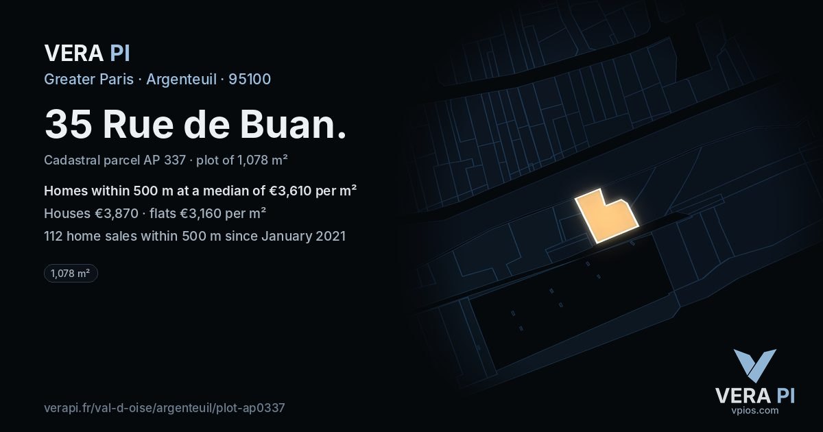 35 Rue de Buan, Argenteuil at night – the plot lit, the parcels around coloured by the prices near them