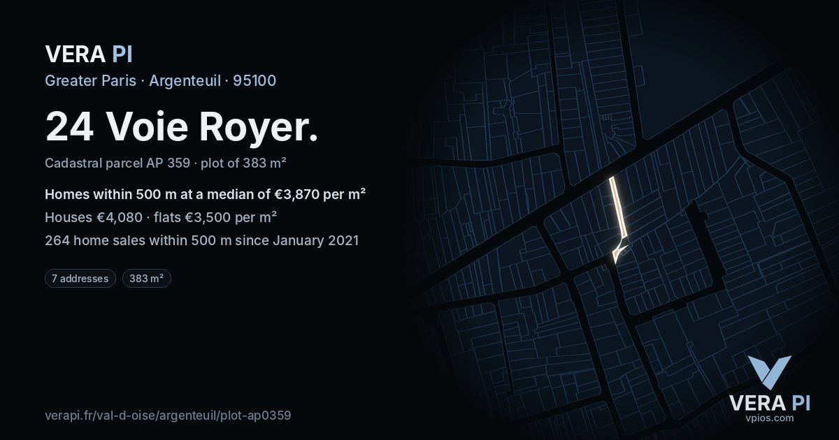24 Voie Royer, Argenteuil at night – the plot lit, the parcels around coloured by the prices near them