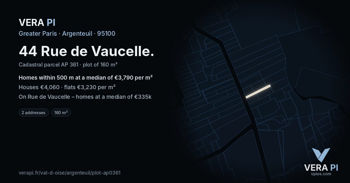 44 Rue de Vaucelle, Argenteuil at night – the plot lit, the parcels around coloured by the prices near them