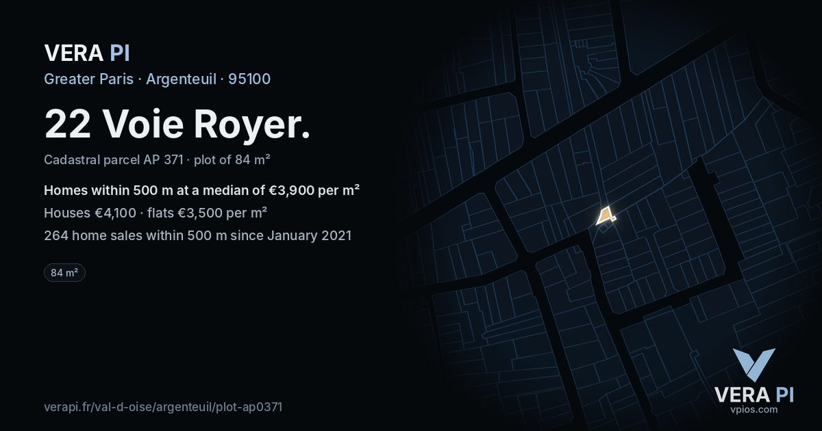 22 Voie Royer, Argenteuil at night – the plot lit, the parcels around coloured by the prices near them