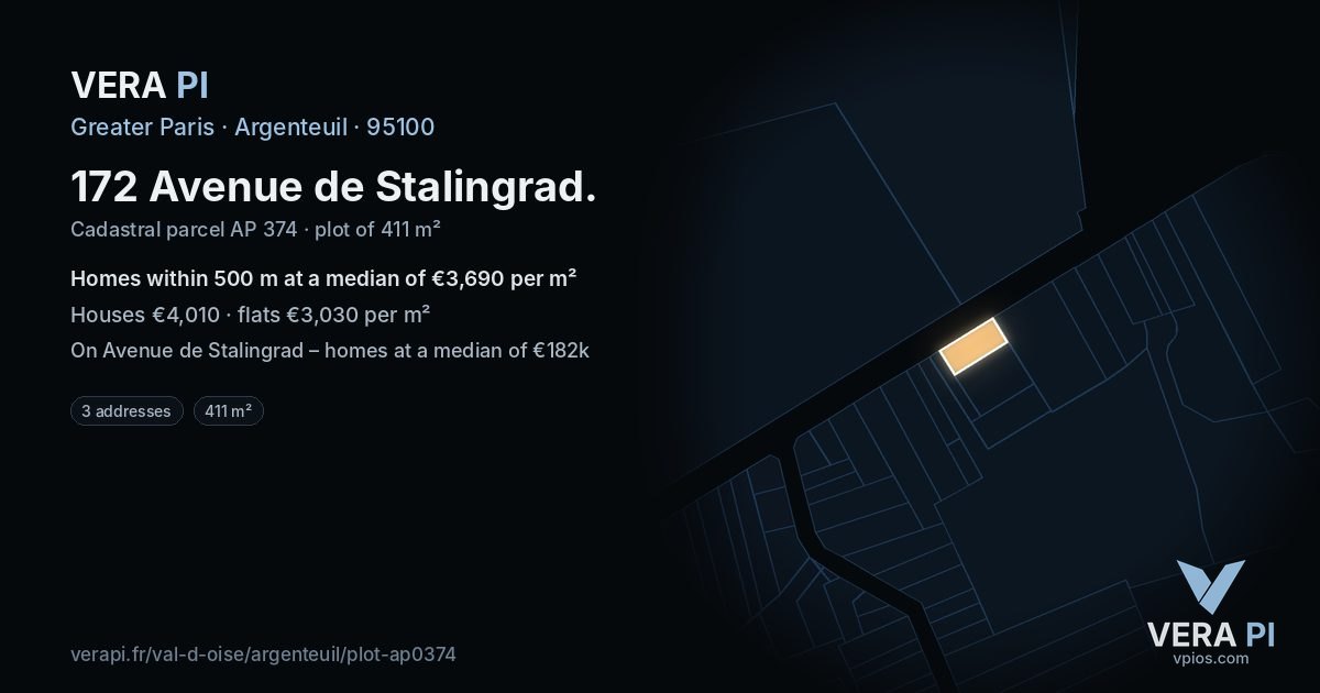 172 Avenue de Stalingrad, Argenteuil at night – the plot lit, the parcels around coloured by the prices near them