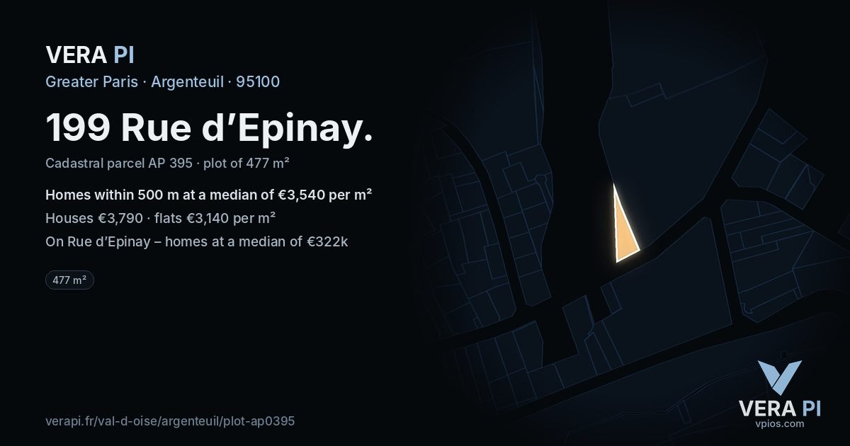 199 Rue d’Epinay, Argenteuil at night – the plot lit, the parcels around coloured by the prices near them