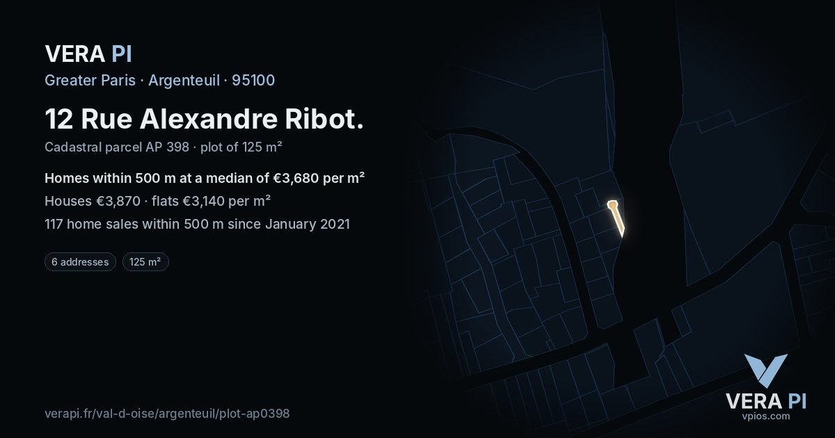 12 Rue Alexandre Ribot, Argenteuil at night – the plot lit, the parcels around coloured by the prices near them