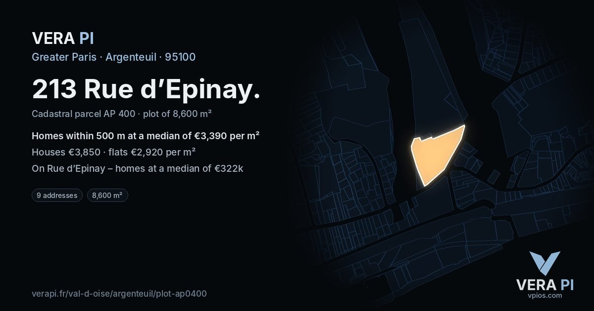 213 Rue d’Epinay, Argenteuil at night – the plot lit, the parcels around coloured by the prices near them