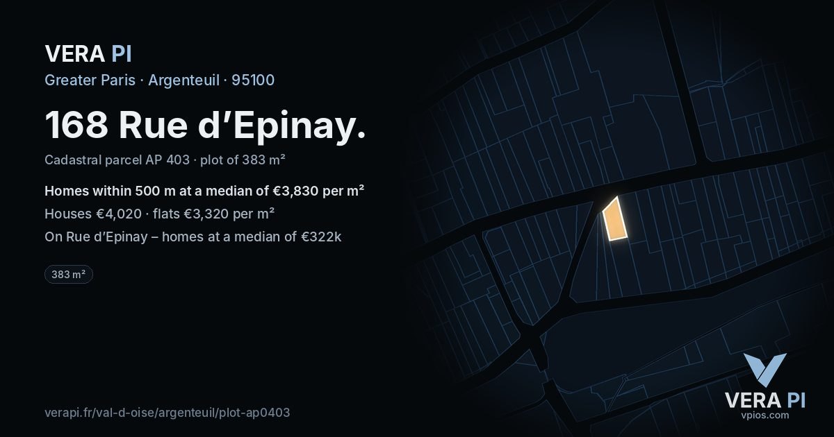 168 Rue d’Epinay, Argenteuil at night – the plot lit, the parcels around coloured by the prices near them