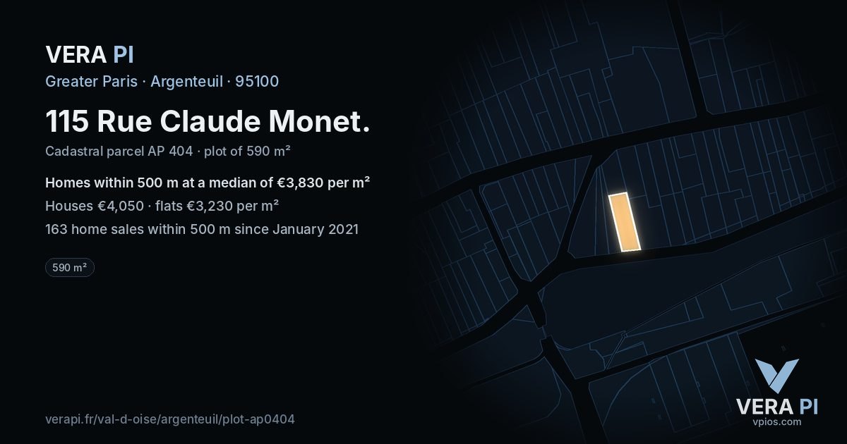 115 Rue Claude Monet, Argenteuil at night – the plot lit, the parcels around coloured by the prices near them