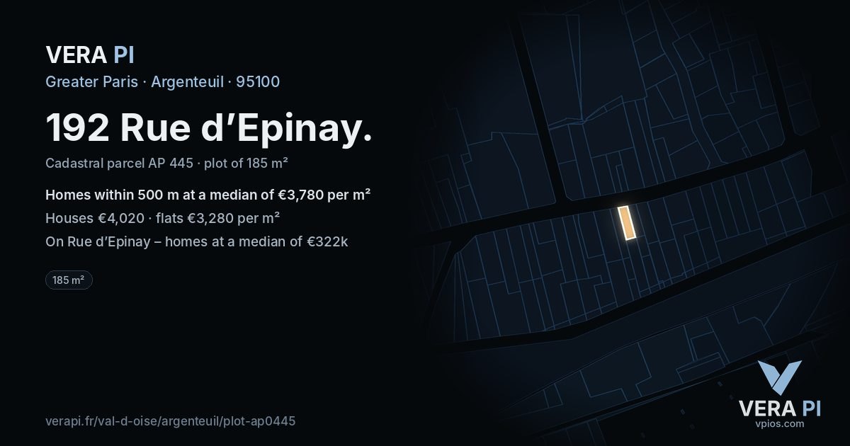 192 Rue d’Epinay, Argenteuil at night – the plot lit, the parcels around coloured by the prices near them