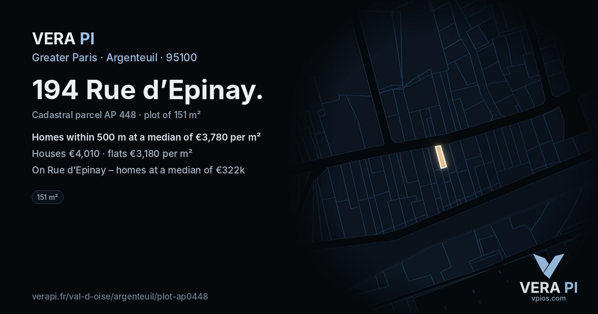 194 Rue d’Epinay, Argenteuil at night – the plot lit, the parcels around coloured by the prices near them