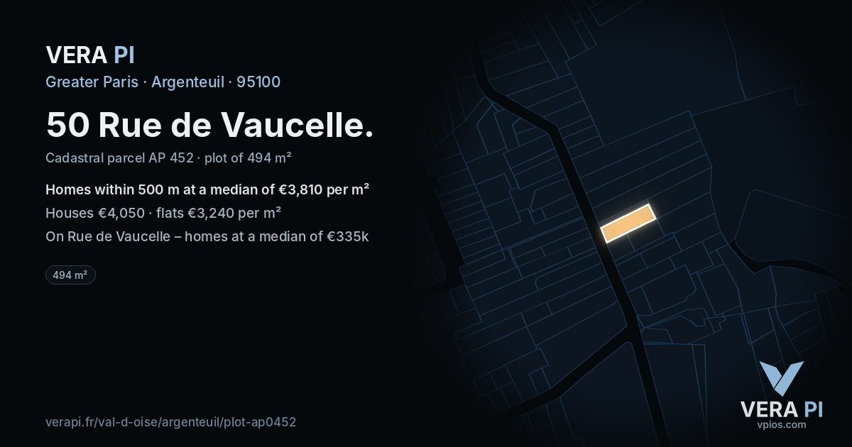 50 Rue de Vaucelle, Argenteuil at night – the plot lit, the parcels around coloured by the prices near them