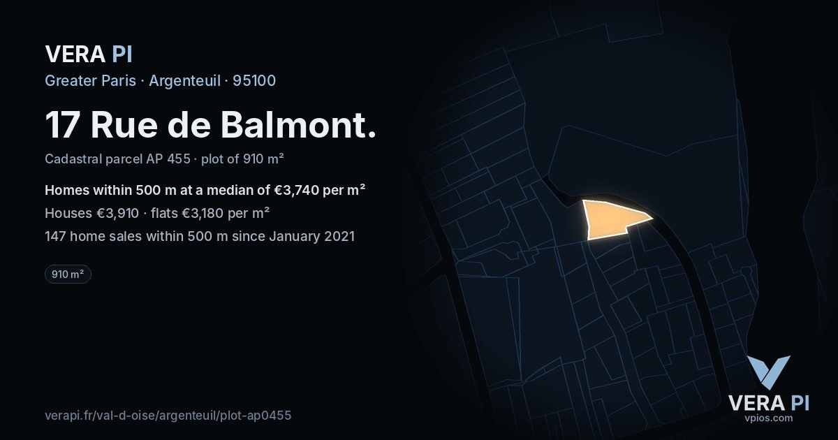 17 Rue de Balmont, Argenteuil at night – the plot lit, the parcels around coloured by the prices near them