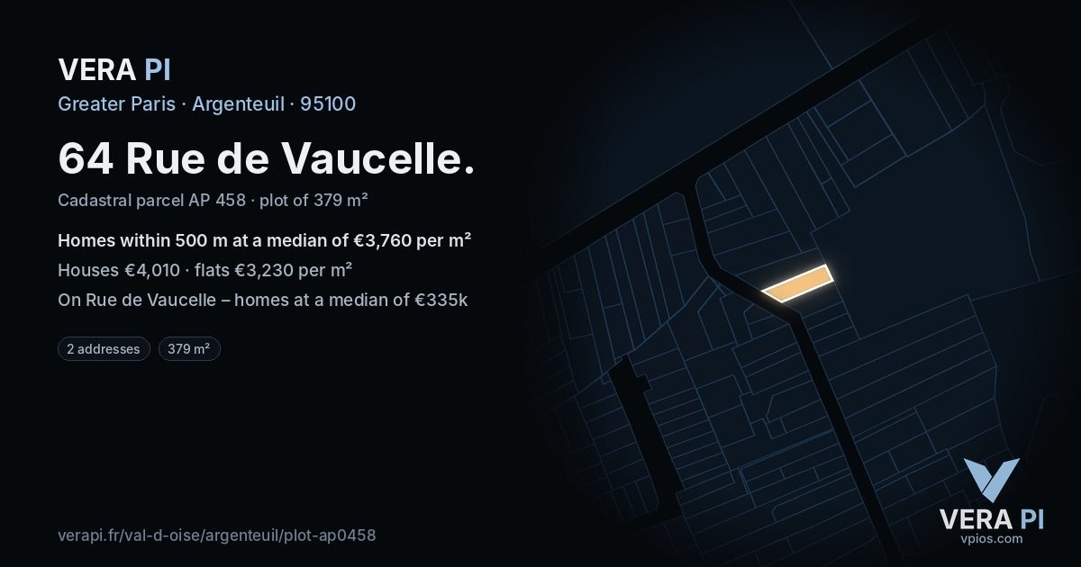 64 Rue de Vaucelle, Argenteuil at night – the plot lit, the parcels around coloured by the prices near them