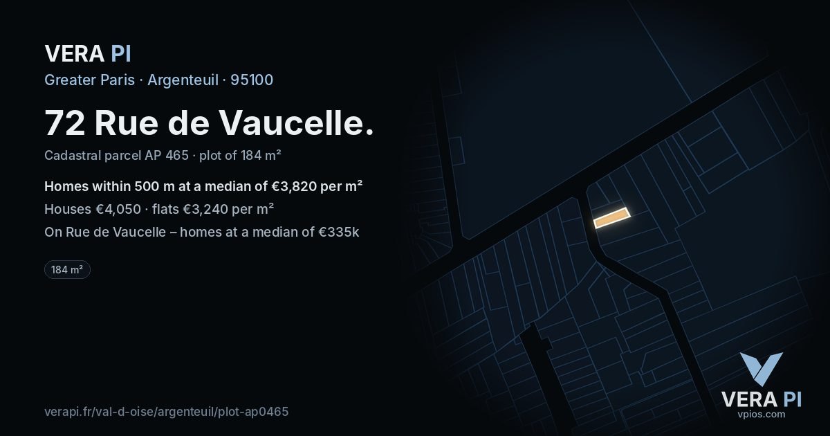 72 Rue de Vaucelle, Argenteuil at night – the plot lit, the parcels around coloured by the prices near them