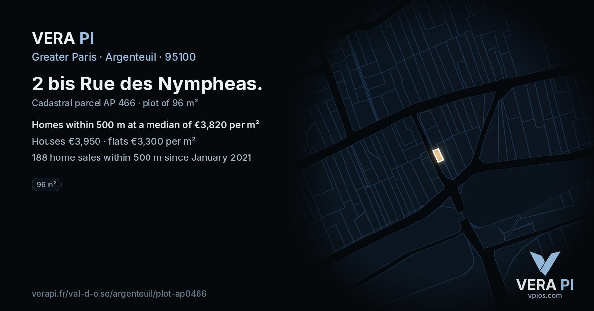 2 bis Rue des Nympheas, Argenteuil at night – the plot lit, the parcels around coloured by the prices near them