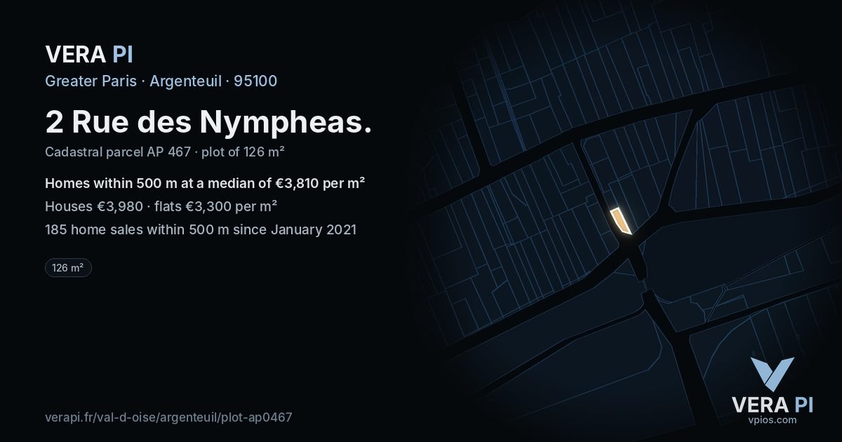 2 Rue des Nympheas, Argenteuil at night – the plot lit, the parcels around coloured by the prices near them