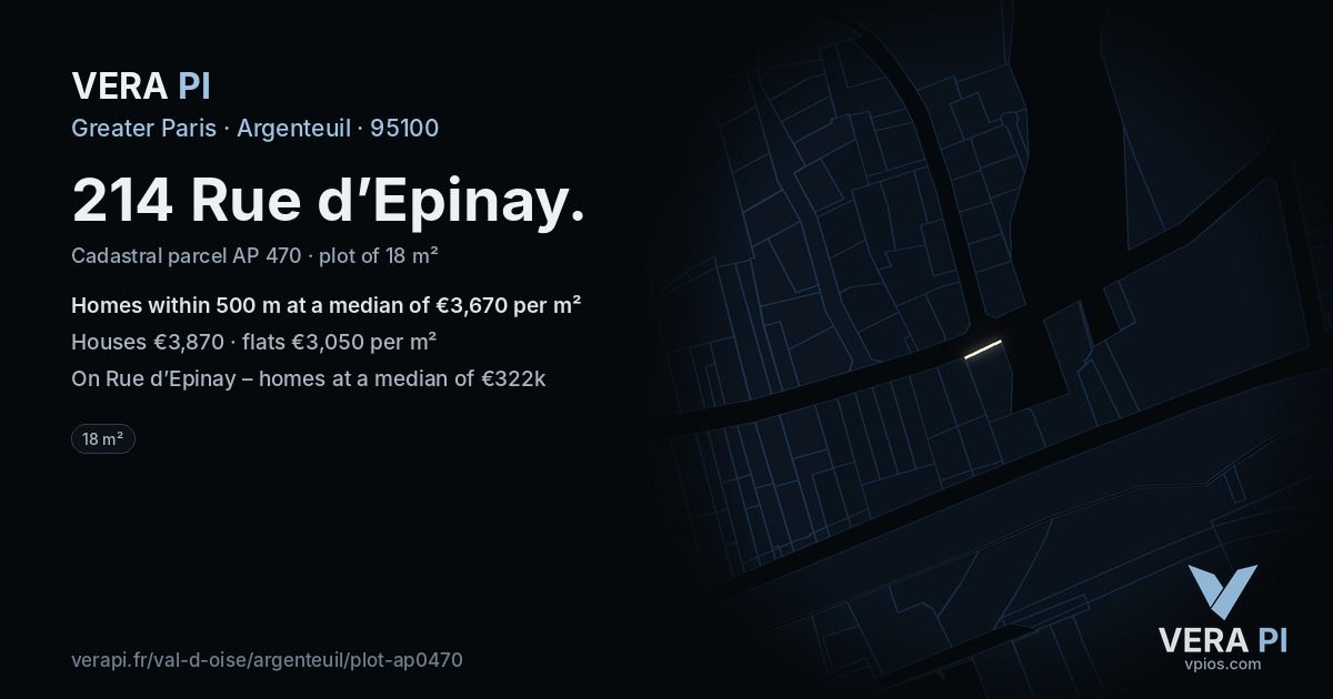 214 Rue d’Epinay, Argenteuil at night – the plot lit, the parcels around coloured by the prices near them