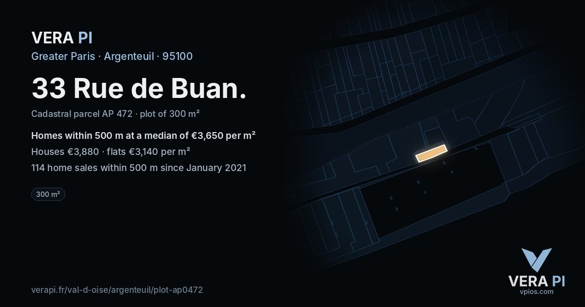 33 Rue de Buan, Argenteuil at night – the plot lit, the parcels around coloured by the prices near them
