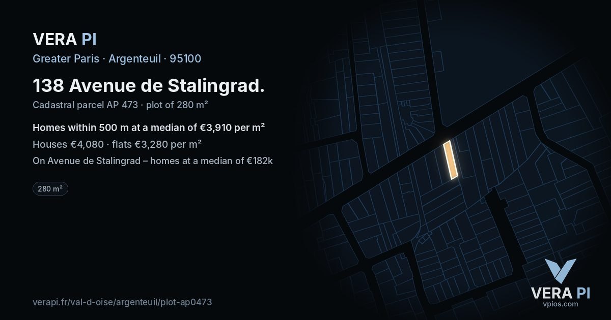 138 Avenue de Stalingrad, Argenteuil at night – the plot lit, the parcels around coloured by the prices near them