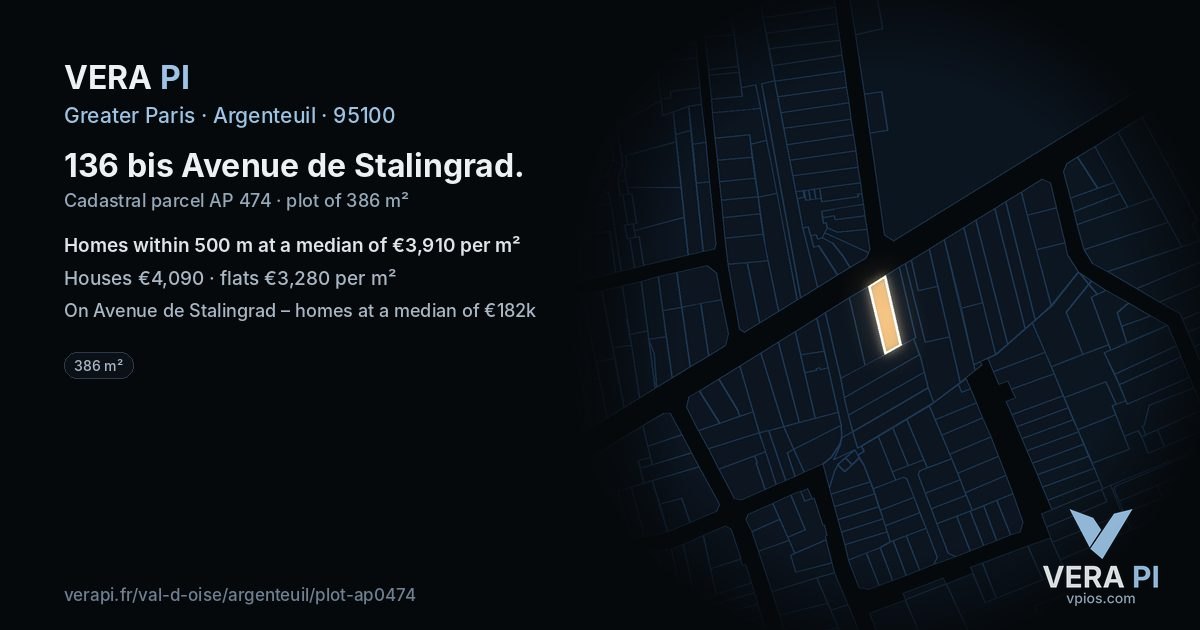 136 bis Avenue de Stalingrad, Argenteuil at night – the plot lit, the parcels around coloured by the prices near them