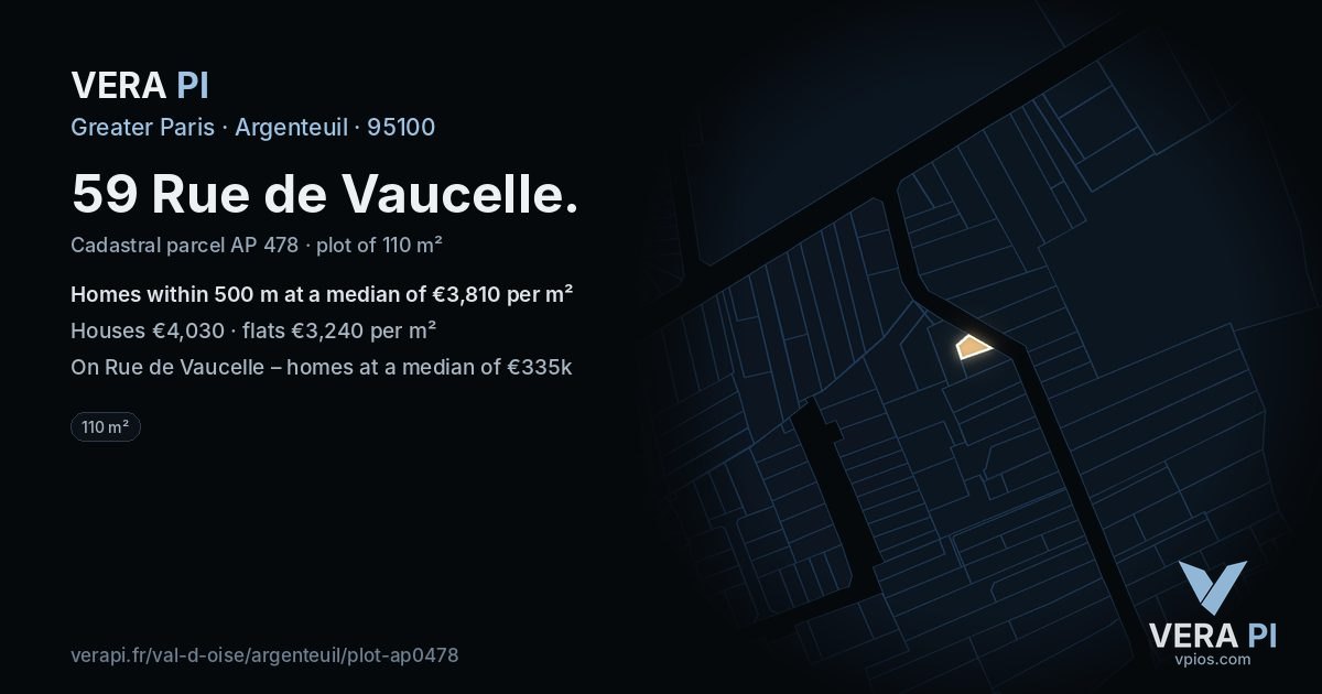 59 Rue de Vaucelle, Argenteuil at night – the plot lit, the parcels around coloured by the prices near them