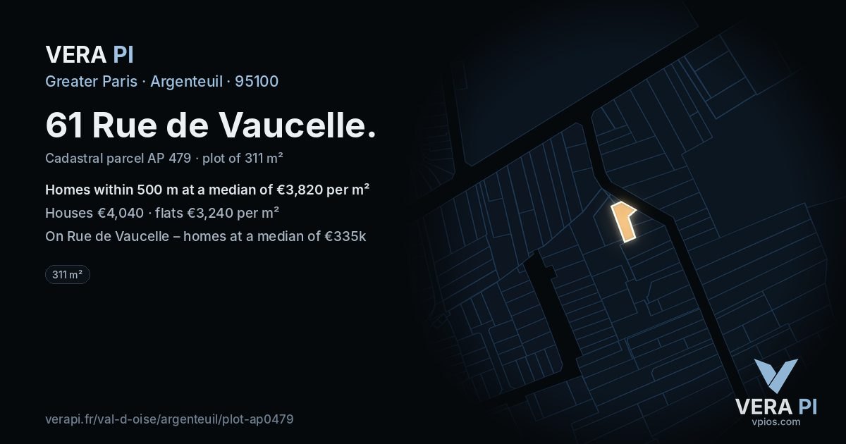 61 Rue de Vaucelle, Argenteuil at night – the plot lit, the parcels around coloured by the prices near them
