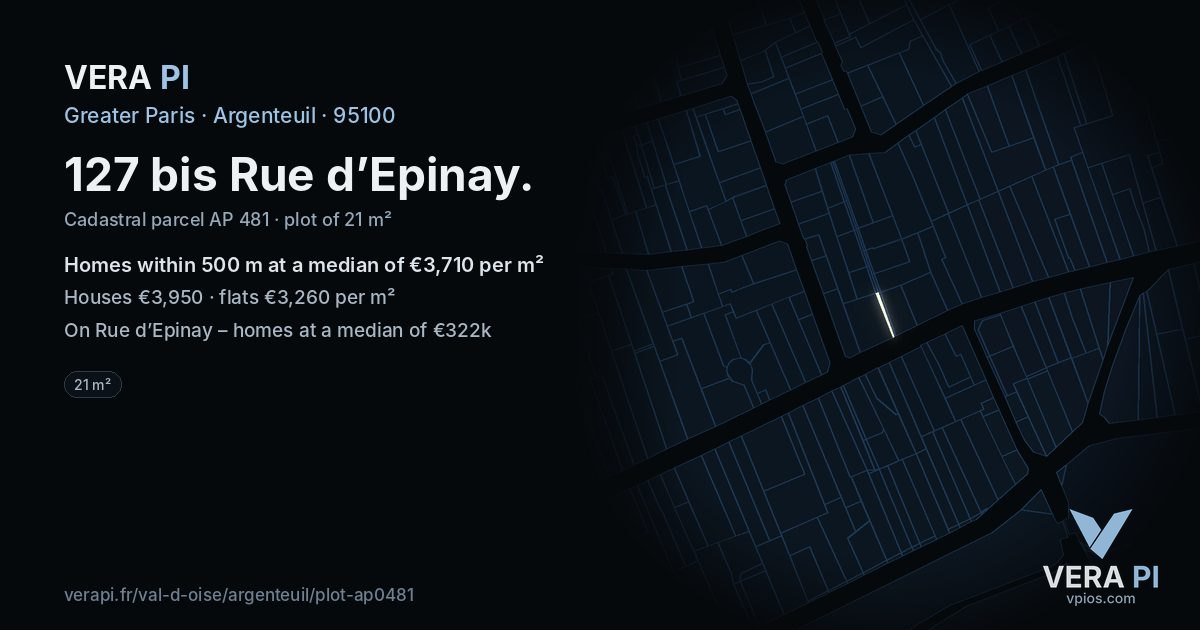 127 bis Rue d’Epinay, Argenteuil at night – the plot lit, the parcels around coloured by the prices near them