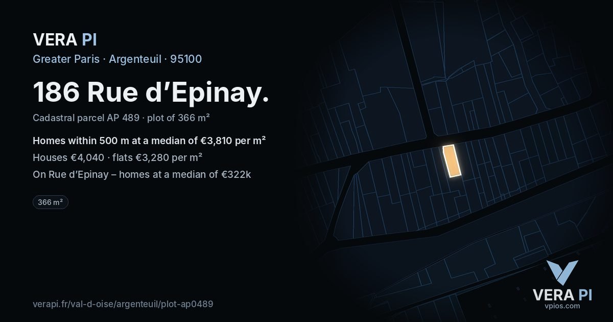 186 Rue d’Epinay, Argenteuil at night – the plot lit, the parcels around coloured by the prices near them