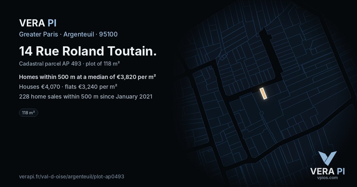 14 Rue Roland Toutain, Argenteuil at night – the plot lit, the parcels around coloured by the prices near them