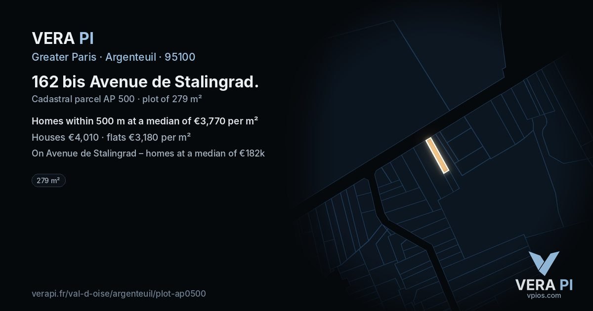 162 bis Avenue de Stalingrad, Argenteuil at night – the plot lit, the parcels around coloured by the prices near them