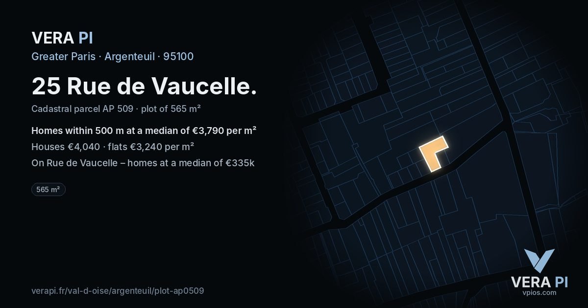 25 Rue de Vaucelle, Argenteuil at night – the plot lit, the parcels around coloured by the prices near them