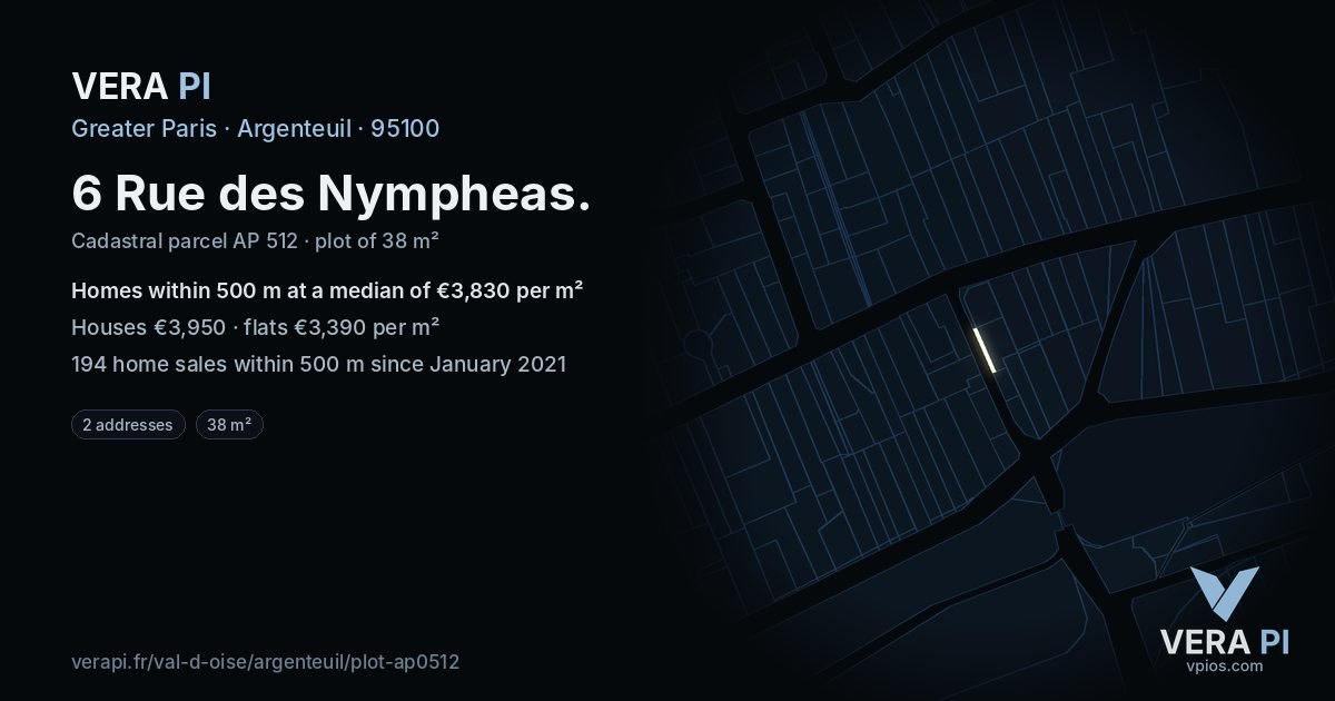 6 Rue des Nympheas, Argenteuil at night – the plot lit, the parcels around coloured by the prices near them