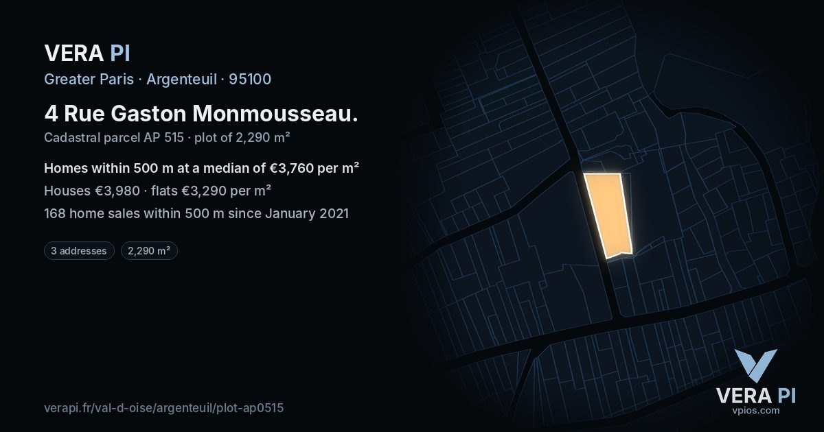 4 Rue Gaston Monmousseau, Argenteuil at night – the plot lit, the parcels around coloured by the prices near them