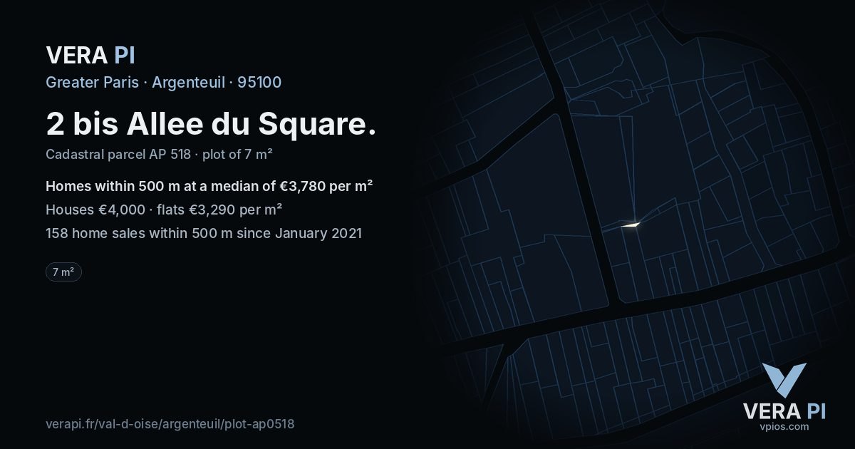 2 bis Allee du Square, Argenteuil at night – the plot lit, the parcels around coloured by the prices near them