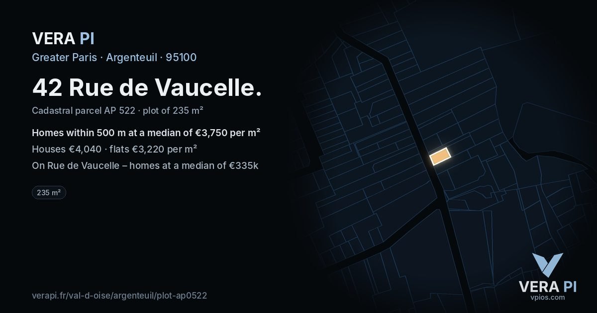 42 Rue de Vaucelle, Argenteuil at night – the plot lit, the parcels around coloured by the prices near them