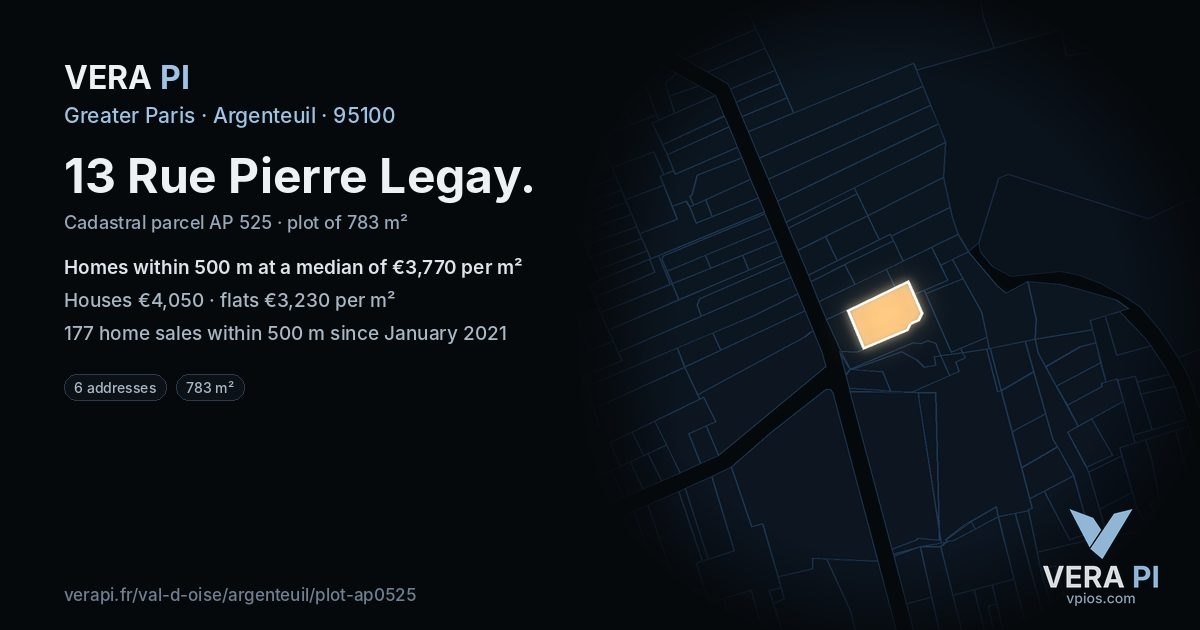 13 Rue Pierre Legay, Argenteuil at night – the plot lit, the parcels around coloured by the prices near them
