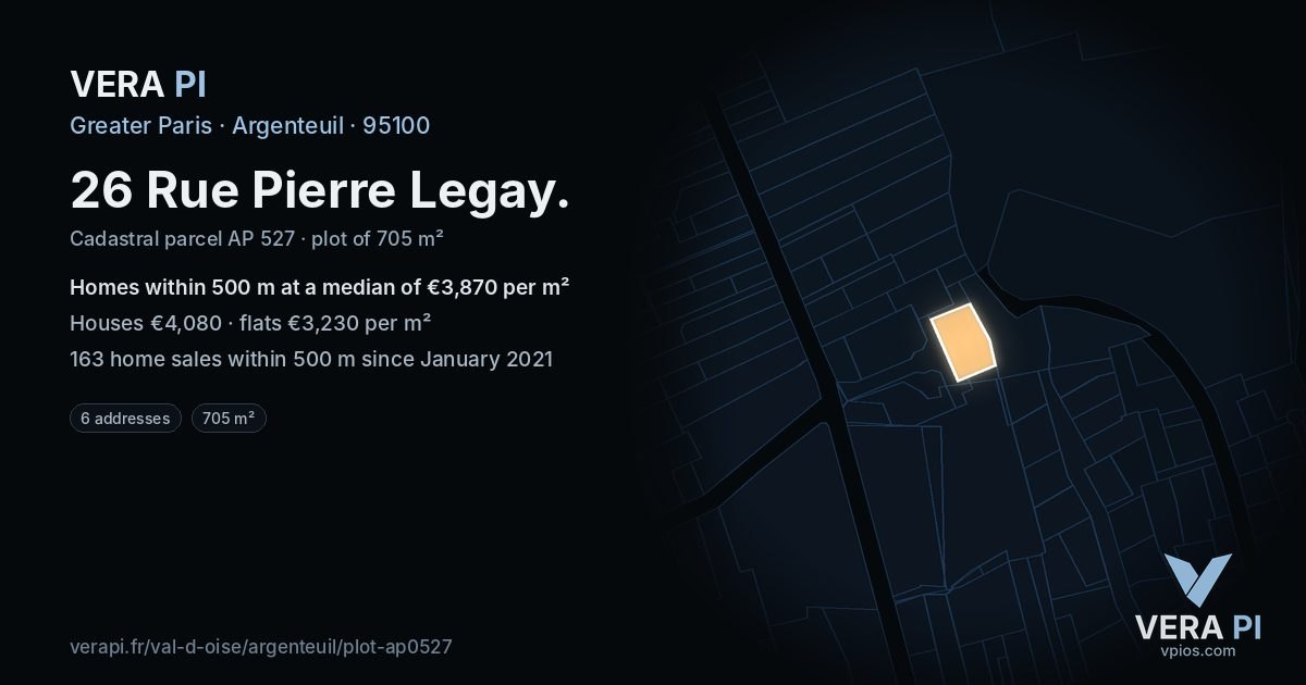 26 Rue Pierre Legay, Argenteuil at night – the plot lit, the parcels around coloured by the prices near them