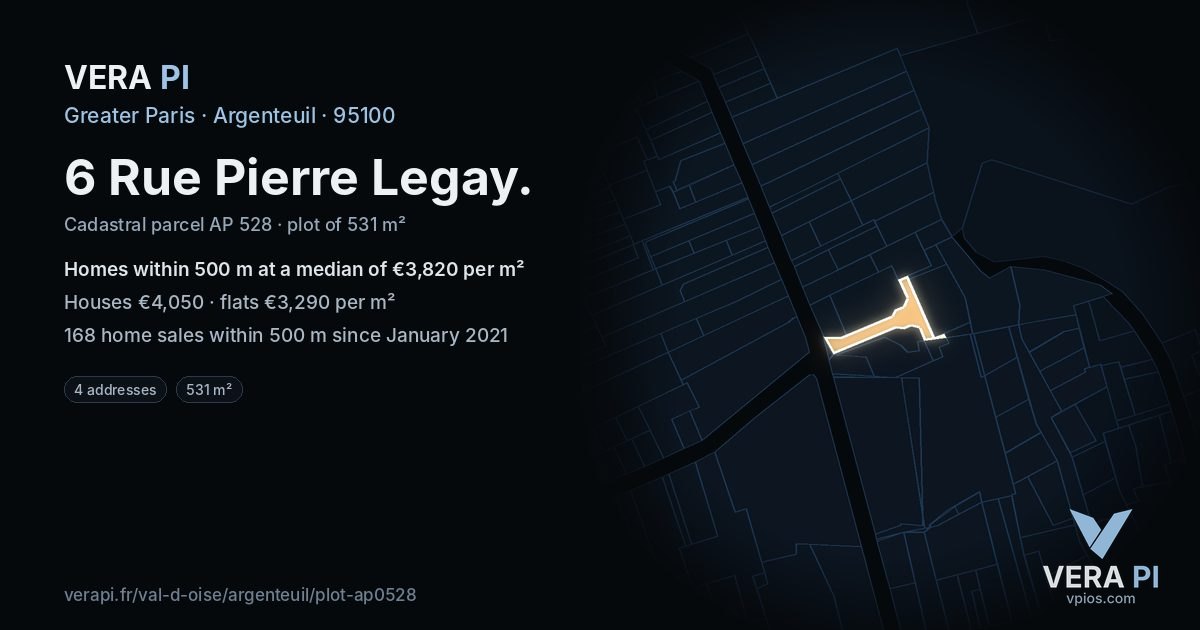 6 Rue Pierre Legay, Argenteuil at night – the plot lit, the parcels around coloured by the prices near them