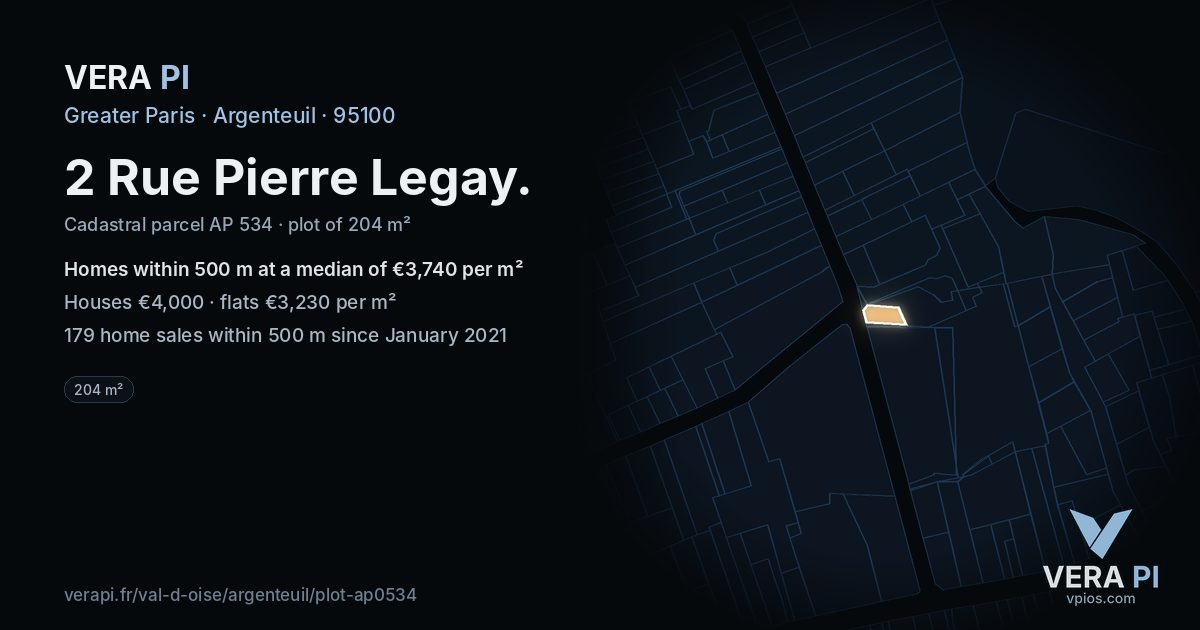 2 Rue Pierre Legay, Argenteuil at night – the plot lit, the parcels around coloured by the prices near them