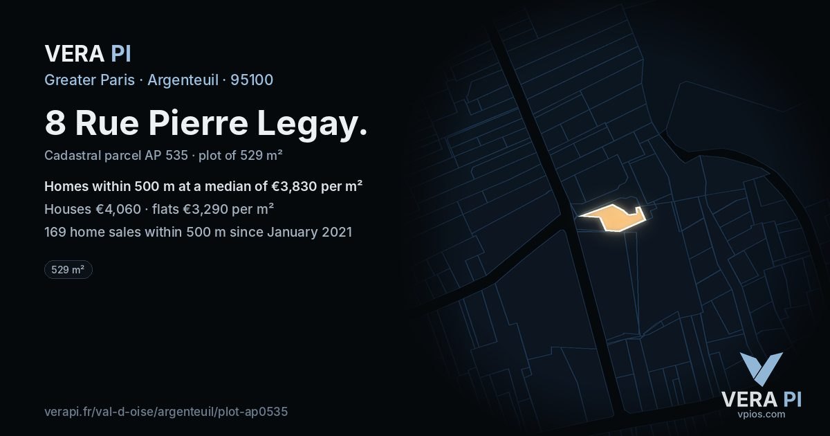 8 Rue Pierre Legay, Argenteuil at night – the plot lit, the parcels around coloured by the prices near them