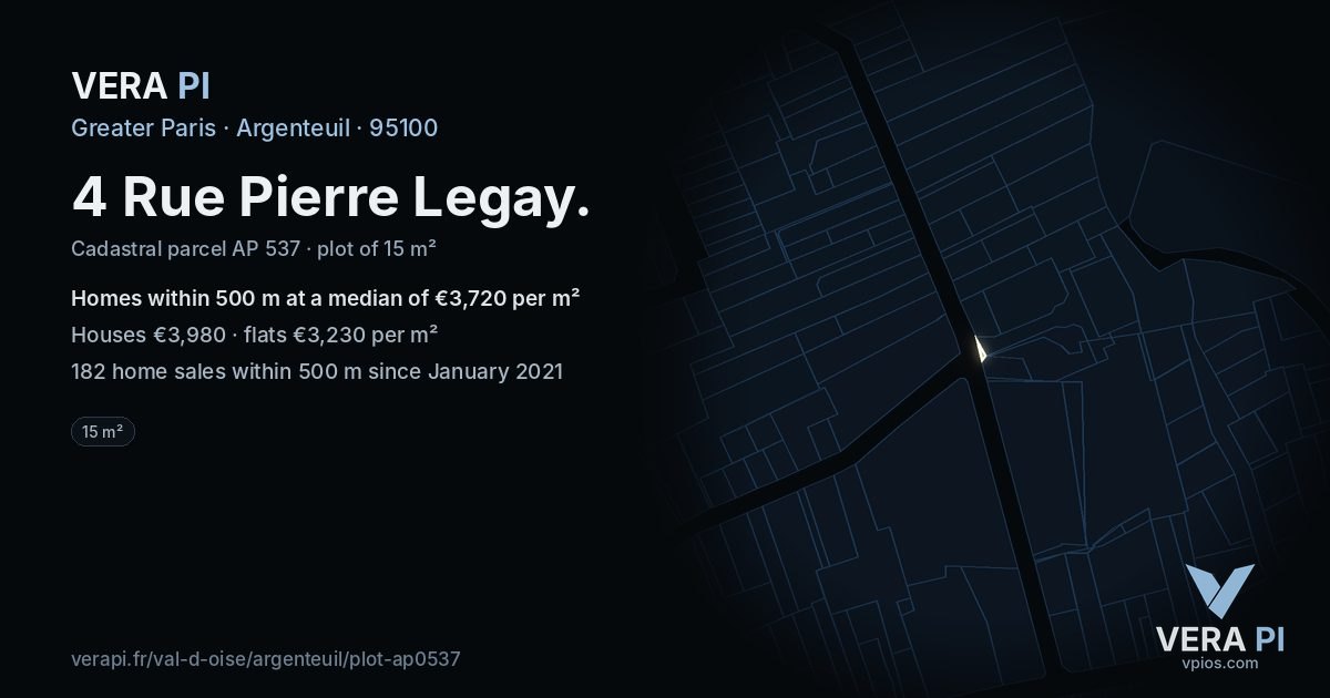 4 Rue Pierre Legay, Argenteuil at night – the plot lit, the parcels around coloured by the prices near them