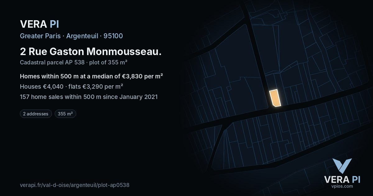2 Rue Gaston Monmousseau, Argenteuil at night – the plot lit, the parcels around coloured by the prices near them