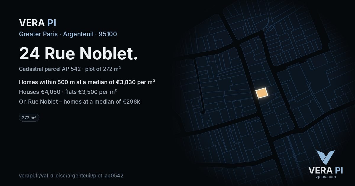24 Rue Noblet, Argenteuil at night – the plot lit, the parcels around coloured by the prices near them